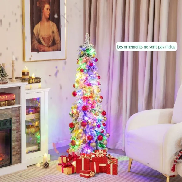 Sapin de Noël Artificiel 120 cm Fin et Floqué de Neige 225 Pointes de Branches en PVC 100 Lumières LED 2 Couleurs et 11 Modes d'Éclairage Minuterie