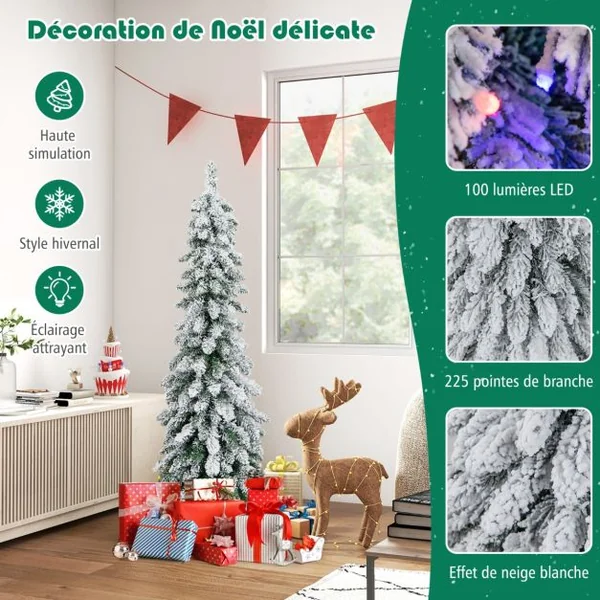 Sapin de Noël Artificiel 120 cm Fin et Floqué de Neige 225 Pointes de Branches en PVC 100 Lumières LED 2 Couleurs et 11 Modes d'Éclairage Minuterie