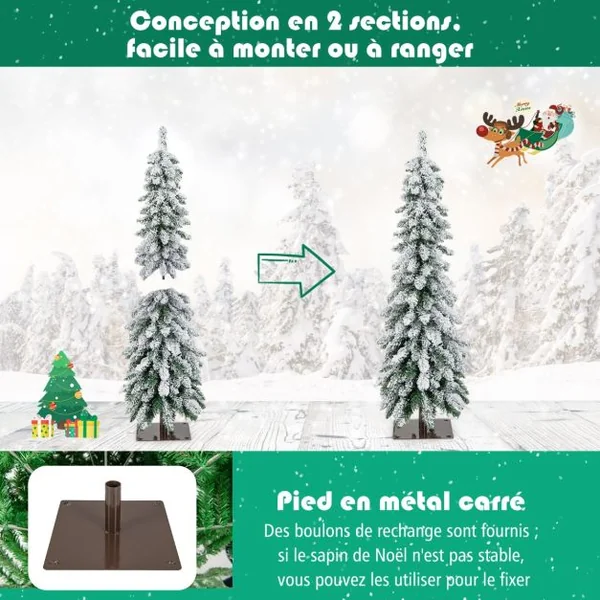 Sapin de Noël Artificiel 120 cm Fin et Floqué de Neige 225 Pointes de Branches en PVC 100 Lumières LED 2 Couleurs et 11 Modes d'Éclairage Minuterie