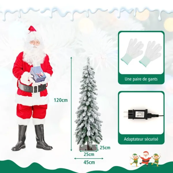 Sapin de Noël Artificiel 120 cm Fin et Floqué de Neige 225 Pointes de Branches en PVC 100 Lumières LED 2 Couleurs et 11 Modes d'Éclairage Minuterie