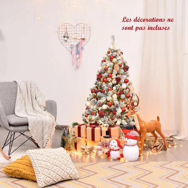 Sapin de Noël Artificiel 135 cm Sapin Enneigé avec 200 Lumières LED 400 Rameaux et Support Métallique Pliable