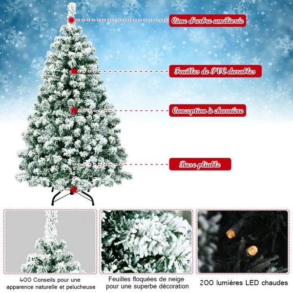 Sapin de Noël Artificiel 135 cm Sapin Enneigé avec 200 Lumières LED 400 Rameaux et Support Métallique Pliable