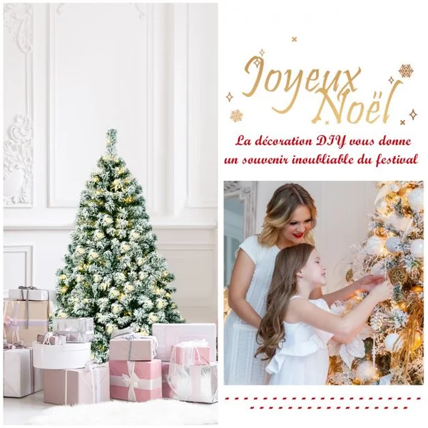 Sapin de Noël Artificiel 135 cm Sapin Enneigé avec 200 Lumières LED 400 Rameaux et Support Métallique Pliable
