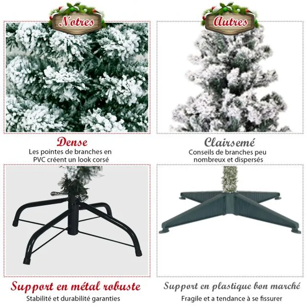 Sapin de Noël Artificiel 135 cm Sapin Enneigé avec 200 Lumières LED 400 Rameaux et Support Métallique Pliable