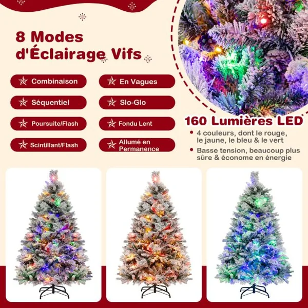 Sapin de Noël Artificiel 136 cm avec Aiguilles de Pin 472 Branches 160 Lumières LED et 26 Cônes de Pin 8 Modes d'Éclairage Décoration de Noël