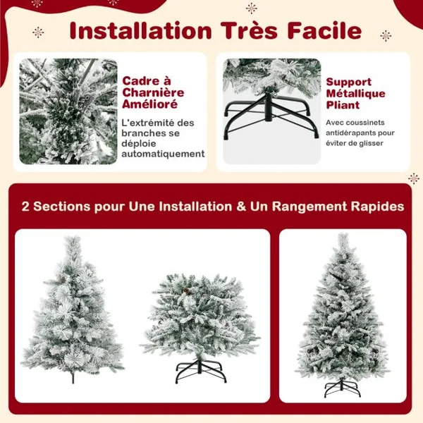 Sapin de Noël Artificiel 136 cm avec Aiguilles de Pin 472 Branches 160 Lumières LED et 26 Cônes de Pin 8 Modes d'Éclairage Décoration de Noël