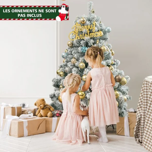 Sapin de Noël Artificiel 137cm Floqué de Neige 295 Branches 150 Lumières LED en PVC Support Métallique Pliable pour Festival