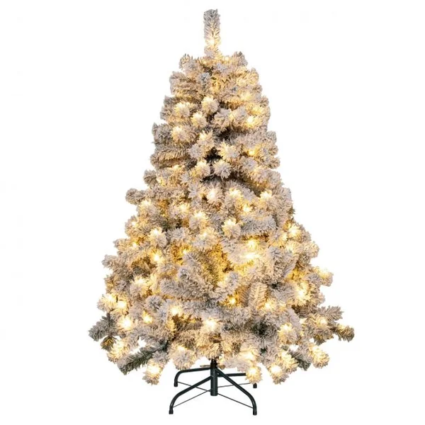 Sapin de Noël Artificiel 137cm Floqué de Neige 295 Branches 150 Lumières LED en PVC Support Métallique Pliable pour Festival
