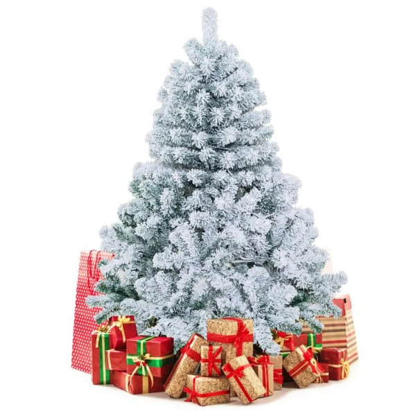 Sapin de Noël Artificiel 137cm Floqué de Neige 295 Branches 150 Lumières LED en PVC Support Métallique Pliable pour Festival