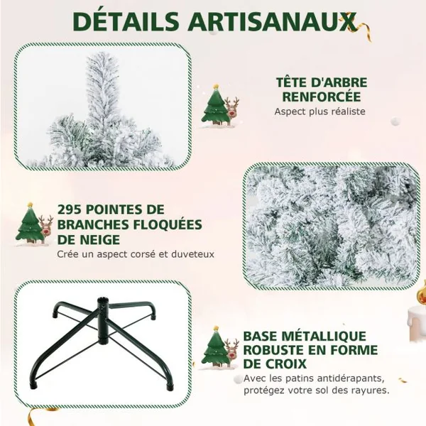 Sapin de Noël Artificiel 137cm Floqué de Neige 295 Branches 150 Lumières LED en PVC Support Métallique Pliable pour Festival