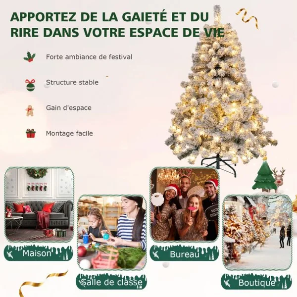 Sapin de Noël Artificiel 137cm Floqué de Neige 295 Branches 150 Lumières LED en PVC Support Métallique Pliable pour Festival