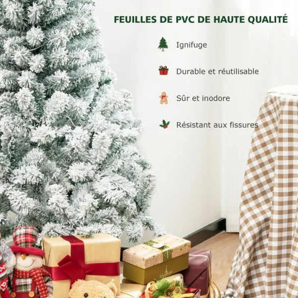Sapin de Noël Artificiel 137cm Floqué de Neige 295 Branches 150 Lumières LED en PVC Support Métallique Pliable pour Festival
