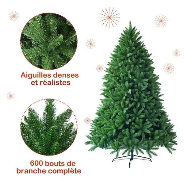Sapin de Noël Artificiel 150/180/225CM 600/1250/1968 Branches Matériel PVC Arbre de Noël avec Socle en Métal Décoration de Noël