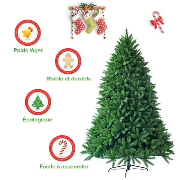 Sapin de Noël Artificiel 150/180/225CM 600/1250/1968 Branches Matériel PVC Arbre de Noël avec Socle en Métal Décoration de Noël