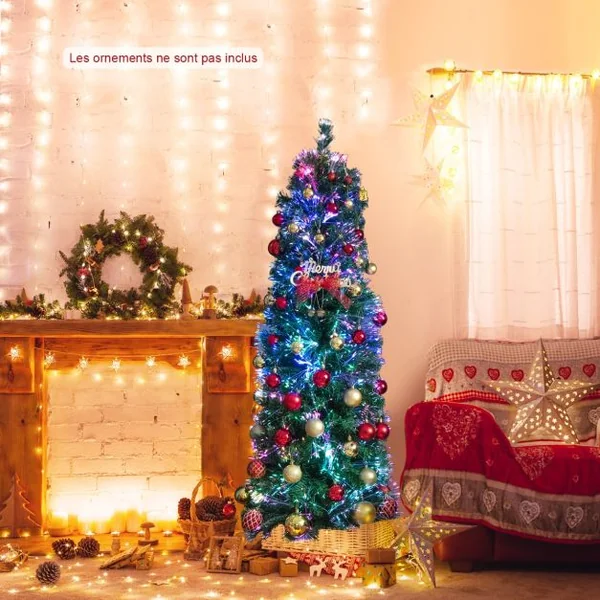 Sapin de Noël Artificiel 150 avec Fibre Optique Sapin Pré-Éclairé avec 361 Branches Support en Métal Pliable pour La Maison