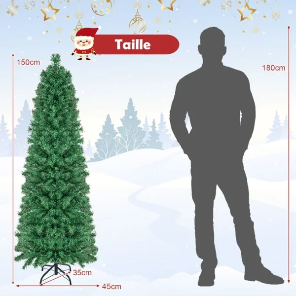 Sapin de Noël Artificiel 150 avec Fibre Optique Sapin Pré-Éclairé avec 361 Branches Support en Métal Pliable pour La Maison