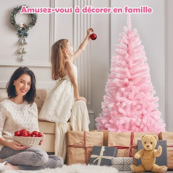 Sapin de Noël Artificiel 150 cm Arbre de Noël sans lumières avec Paillettes Arbre de Noël avec Base en Métal Rose