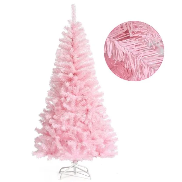 Sapin de Noël Artificiel 150 cm Arbre de Noël sans lumières avec Paillettes Arbre de Noël avec Base en Métal Rose