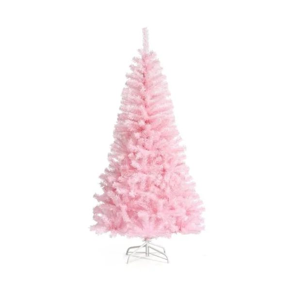 Sapin de Noël Artificiel 150 cm Arbre de Noël sans lumières avec Paillettes Arbre de Noël avec Base en Métal Rose