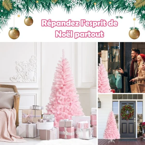 Sapin de Noël Artificiel 150 cm Arbre de Noël sans lumières avec Paillettes Arbre de Noël avec Base en Métal Rose