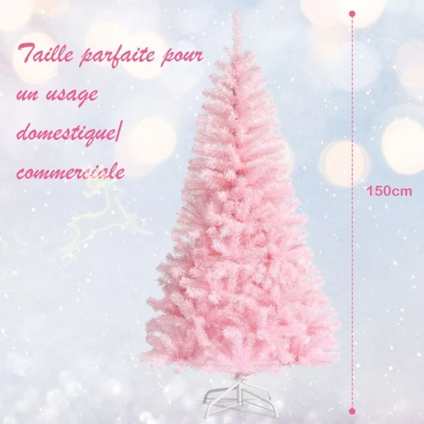 Sapin de Noël Artificiel 150 cm Arbre de Noël sans lumières avec Paillettes Arbre de Noël avec Base en Métal Rose