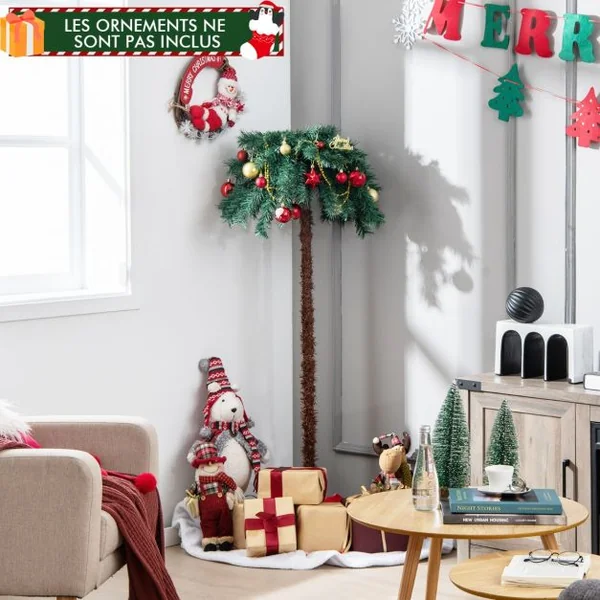 Sapin de Noël Artificiel 150 cm Forme de Cocotier Tropical Illuminé 150 Lumières Blanches Chaudes en PVC Support en Métal