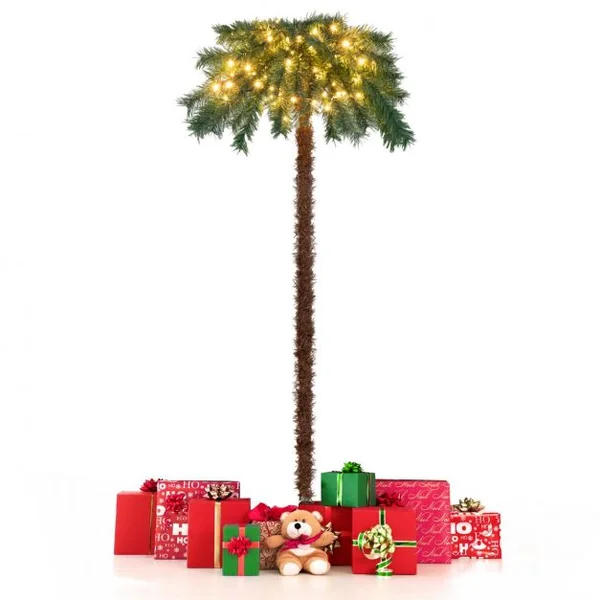 Sapin de Noël Artificiel 150 cm Forme de Cocotier Tropical Illuminé 150 Lumières Blanches Chaudes en PVC Support en Métal