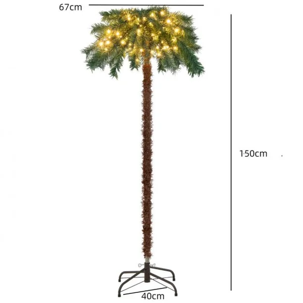 Sapin de Noël Artificiel 150 cm Forme de Cocotier Tropical Illuminé 150 Lumières Blanches Chaudes en PVC Support en Métal