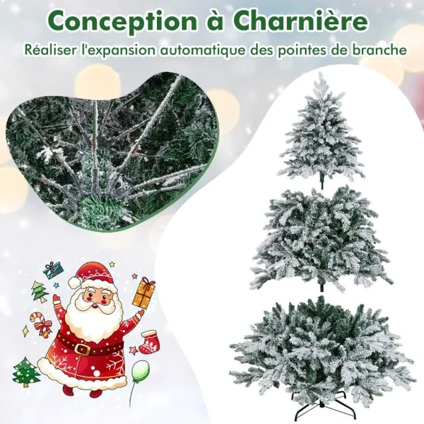 Sapin de Noël Artificiel 180 Avec 1415 Branches 260 Lumières Led Blanc Chaud Floqué Charnières Arbre de Noël Pré-Éclairé Installation Rapide