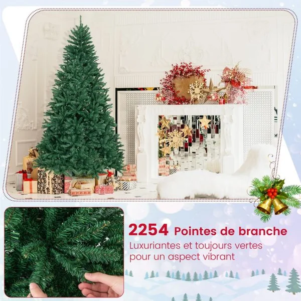 Sapin De Noël Artificiel 180 cm/225 cm/270 cm 1355/2254/3594 Branches En Pvc Support En Métal Pliable à Charnières Installation Rapide Vert S/M/L