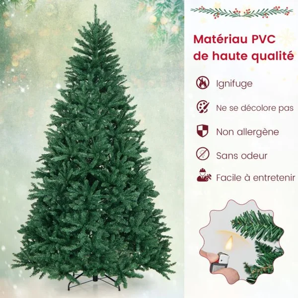 Sapin De Noël Artificiel 180 cm/225 cm/270 cm 1355/2254/3594 Branches En Pvc Support En Métal Pliable à Charnières Installation Rapide Vert S/M/L