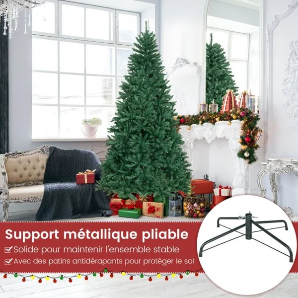 Sapin De Noël Artificiel 180 cm/225 cm/270 cm 1355/2254/3594 Branches En Pvc Support En Métal Pliable à Charnières Installation Rapide Vert S/M/L