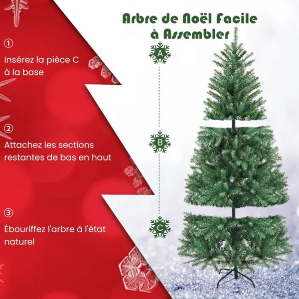 Sapin de Noël Artificiel 180 cm Automatique Feuilles Colorées en Epicéa 825 Pointes de Branches Embouts en PVC Articulées