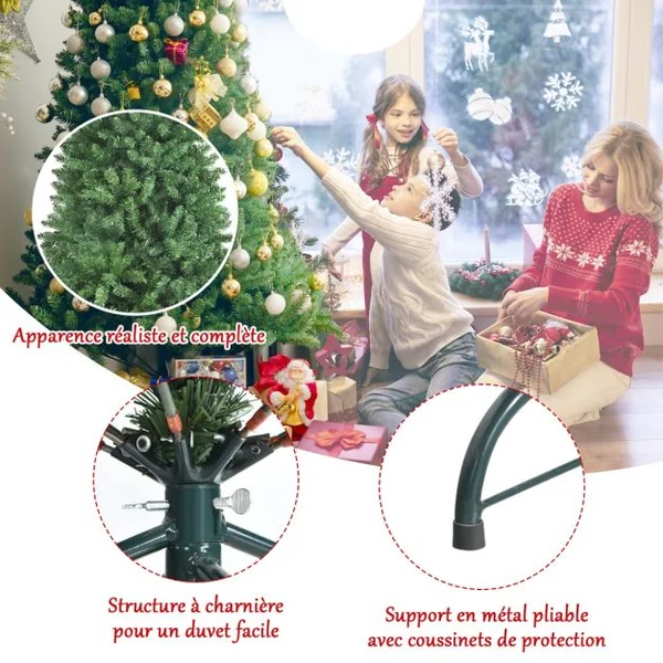 Sapin de Noël Artificiel 180 Cm avec 1130 Rameaux Denses Support Métallique Pliable Sapin De Noël à Charnières 3 Sections
