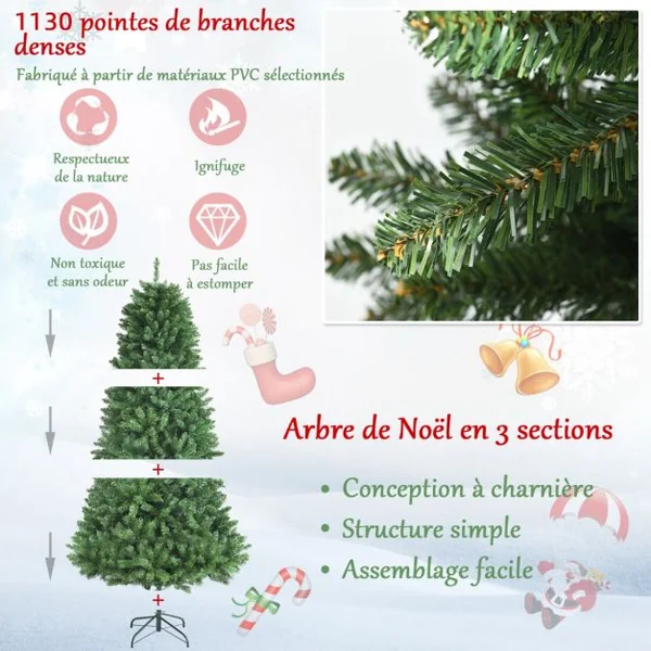 Sapin de Noël Artificiel 180 Cm avec 1130 Rameaux Denses Support Métallique Pliable Sapin De Noël à Charnières 3 Sections
