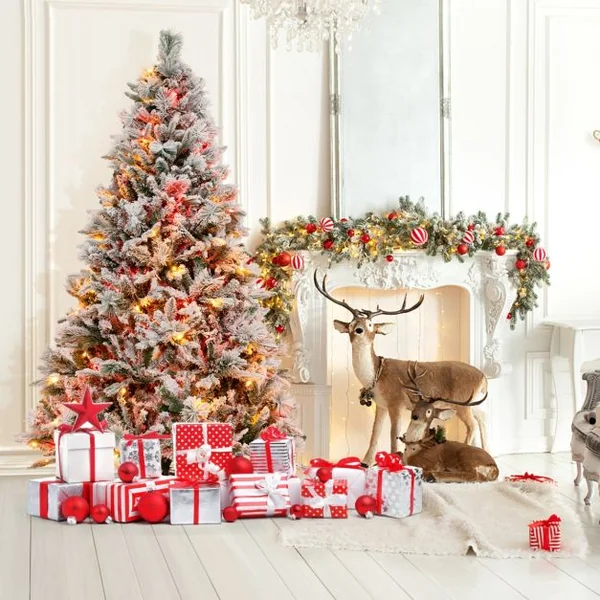 Sapin de Noël Artificiel 180 cm avec Aiguilles de Pin 850 Branches 240 Lumières LED et 34 Cônes de Pin Sapin Décoré Enneigé 8 Modes d'Éclairage Décoration de Noël