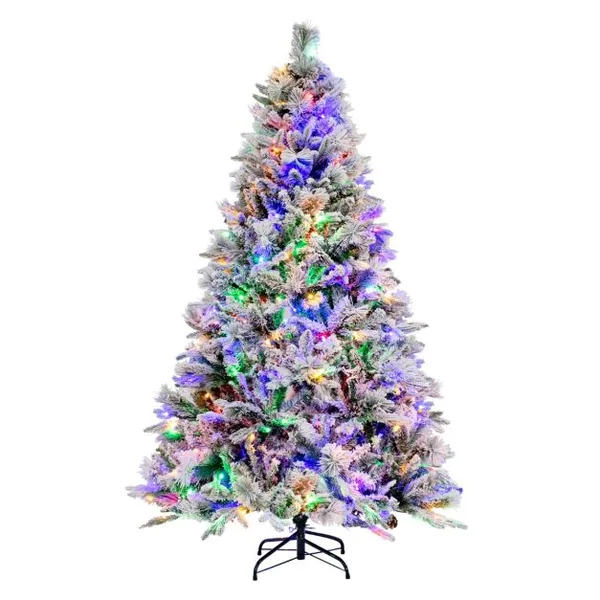 Sapin de Noël Artificiel 180 cm avec Aiguilles de Pin 850 Branches 240 Lumières LED et 34 Cônes de Pin Sapin Décoré Enneigé 8 Modes d'Éclairage Décoration de Noël