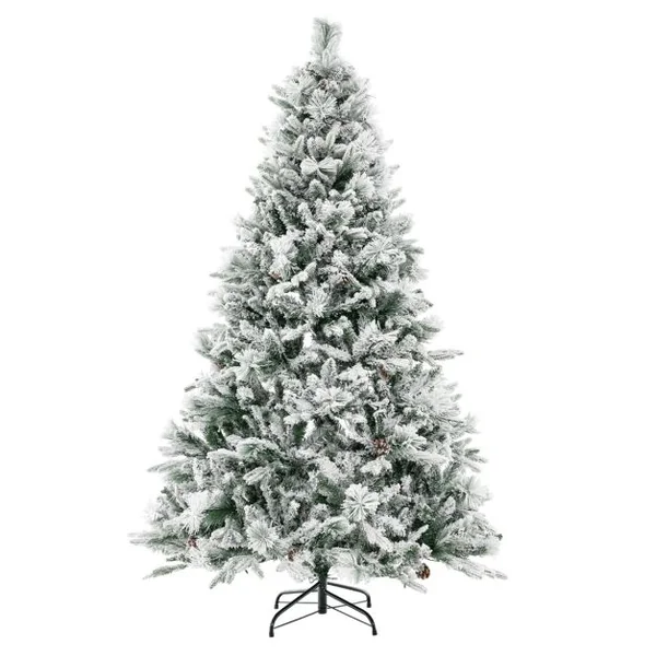 Sapin de Noël Artificiel 180 cm avec Aiguilles de Pin 850 Branches 240 Lumières LED et 34 Cônes de Pin Sapin Décoré Enneigé 8 Modes d'Éclairage Décoration de Noël