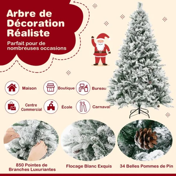 Sapin de Noël Artificiel 180 cm avec Aiguilles de Pin 850 Branches 240 Lumières LED et 34 Cônes de Pin Sapin Décoré Enneigé 8 Modes d'Éclairage Décoration de Noël