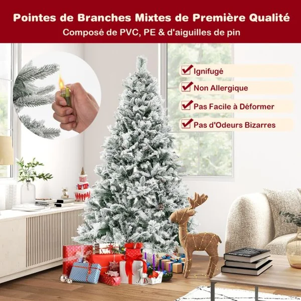 Sapin de Noël Artificiel 180 cm avec Aiguilles de Pin 850 Branches 240 Lumières LED et 34 Cônes de Pin Sapin Décoré Enneigé 8 Modes d'Éclairage Décoration de Noël