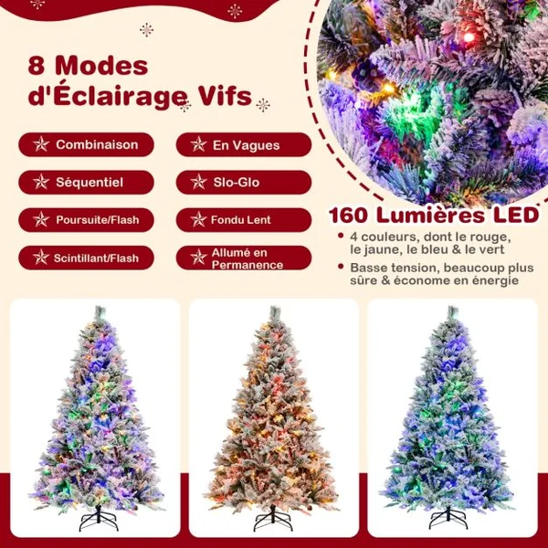 Sapin de Noël Artificiel 180 cm avec Aiguilles de Pin 850 Branches 240 Lumières LED et 34 Cônes de Pin Sapin Décoré Enneigé 8 Modes d'Éclairage Décoration de Noël