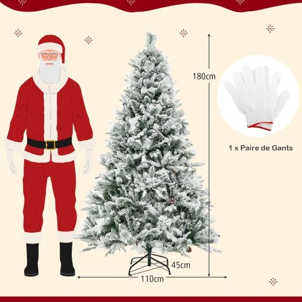 Sapin de Noël Artificiel 180 cm avec Aiguilles de Pin 850 Branches 240 Lumières LED et 34 Cônes de Pin Sapin Décoré Enneigé 8 Modes d'Éclairage Décoration de Noël