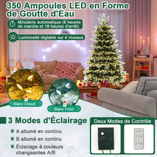 Sapin de Noël Artificiel 180CM 1801 Branches 350 Ampoules Led Blanc Chaud Et Froid à Charnière Connecteur d'Alimentation Rapide 3 Modes d'Éclairage