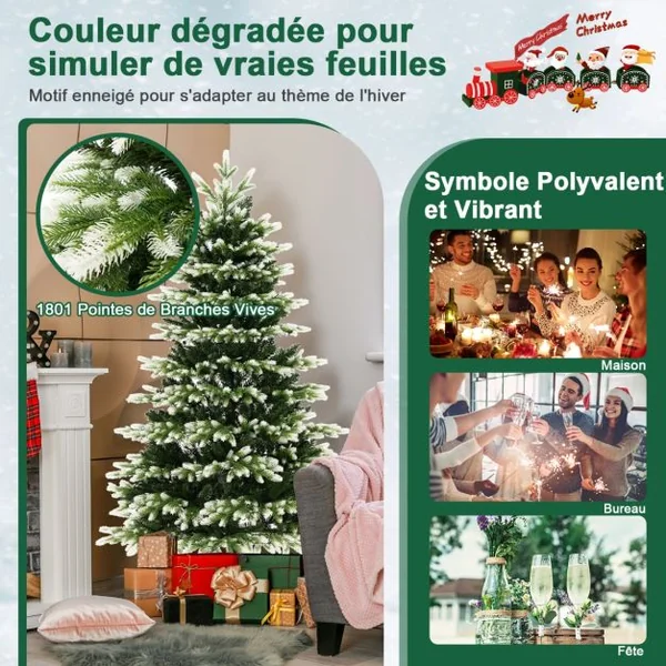 Sapin de Noël Artificiel 180CM 1801 Branches 350 Ampoules Led Blanc Chaud Et Froid à Charnière Connecteur d'Alimentation Rapide 3 Modes d'Éclairage