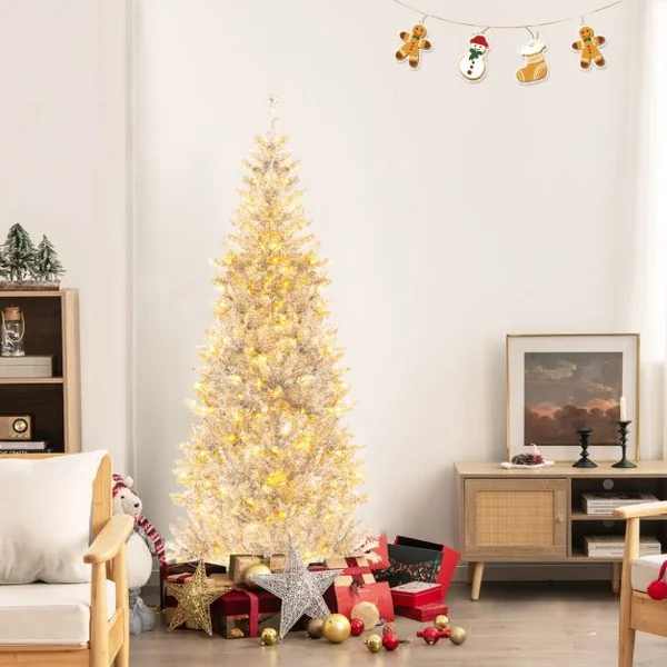 Sapin de Noël Artificiel 180cm Argenté Pré-Éclairé 790 Pointes De Branches 300 Lumières Led Blanc Chaud Support En Métal Pliable