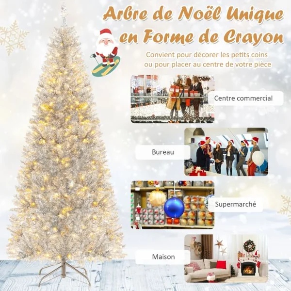 Sapin de Noël Artificiel 180cm Argenté Pré-Éclairé 790 Pointes De Branches 300 Lumières Led Blanc Chaud Support En Métal Pliable