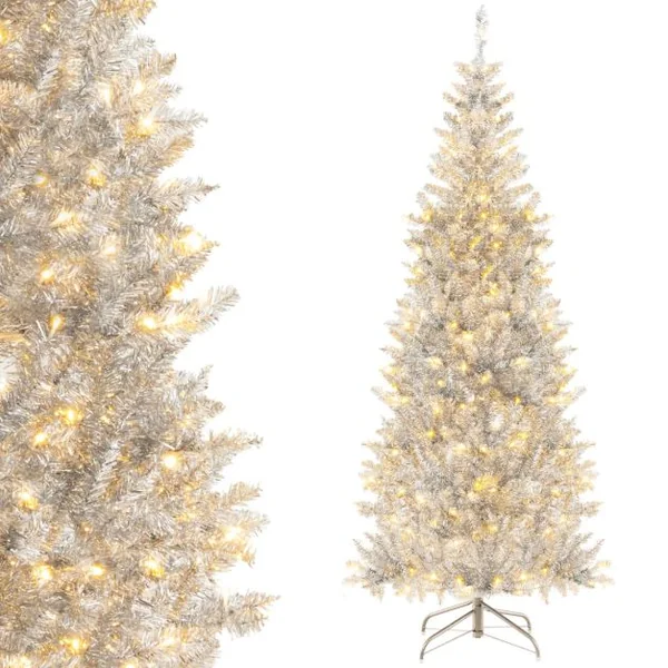 Sapin de Noël Artificiel 180cm Argenté Pré-Éclairé 790 Pointes De Branches 300 Lumières Led Blanc Chaud Support En Métal Pliable