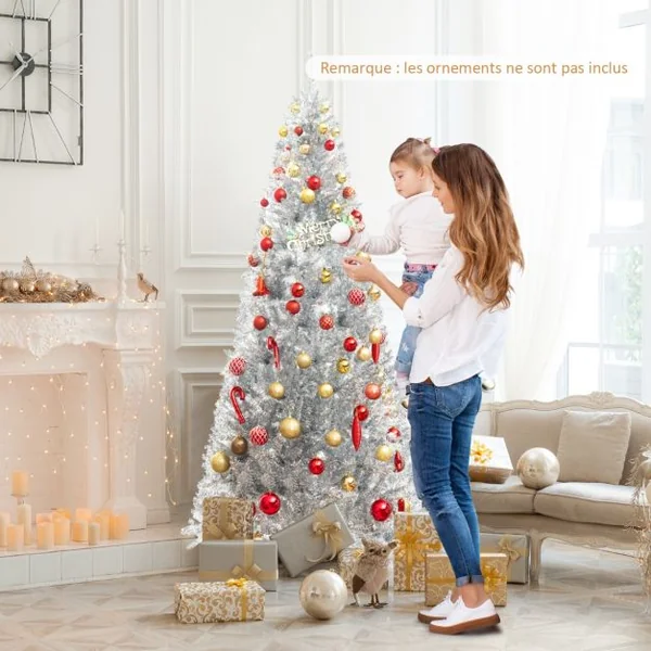 Sapin de Noël Artificiel 180cm Argenté Pré-Éclairé 790 Pointes De Branches 300 Lumières Led Blanc Chaud Support En Métal Pliable
