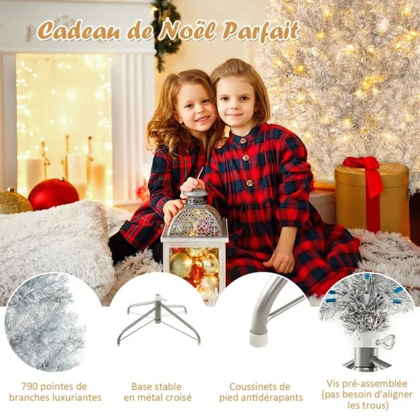 Sapin de Noël Artificiel 180cm Argenté Pré-Éclairé 790 Pointes De Branches 300 Lumières Led Blanc Chaud Support En Métal Pliable