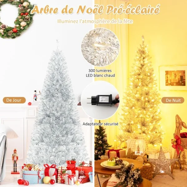 Sapin de Noël Artificiel 180cm Argenté Pré-Éclairé 790 Pointes De Branches 300 Lumières Led Blanc Chaud Support En Métal Pliable
